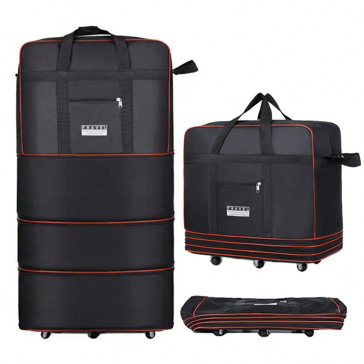 Foldable Rolling Luggage Bag - 검은색 접이식 롤링 여행용 더플백, 확장