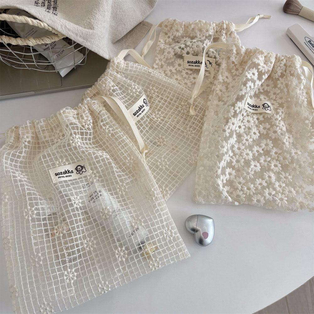 레이스 자수 데이지 메쉬 드로스트링 메이크업 가방 여름 - Cosmetic Bags 리뷰 및 가격